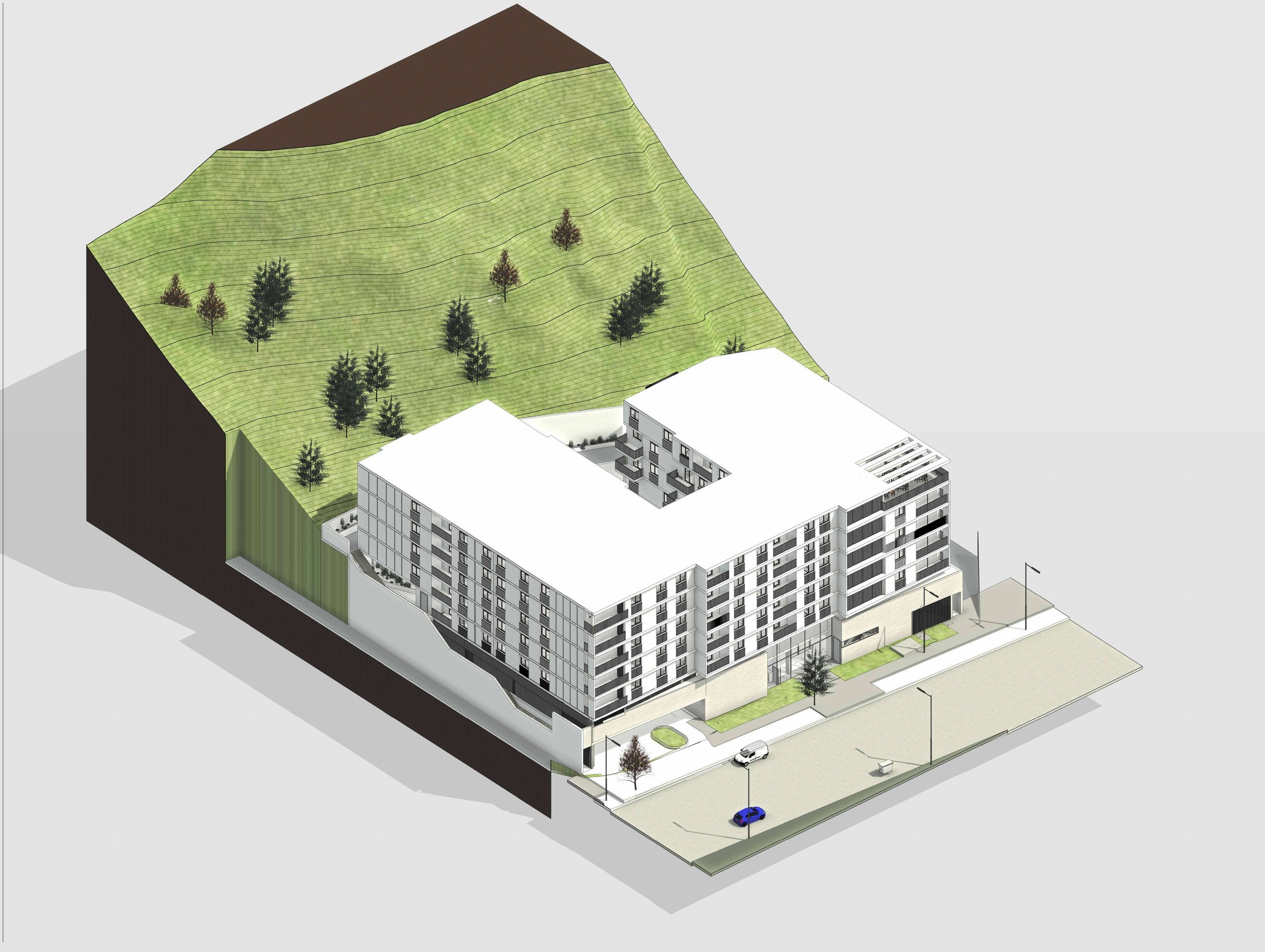 Axonometric drawing of the approved building on its hillside site