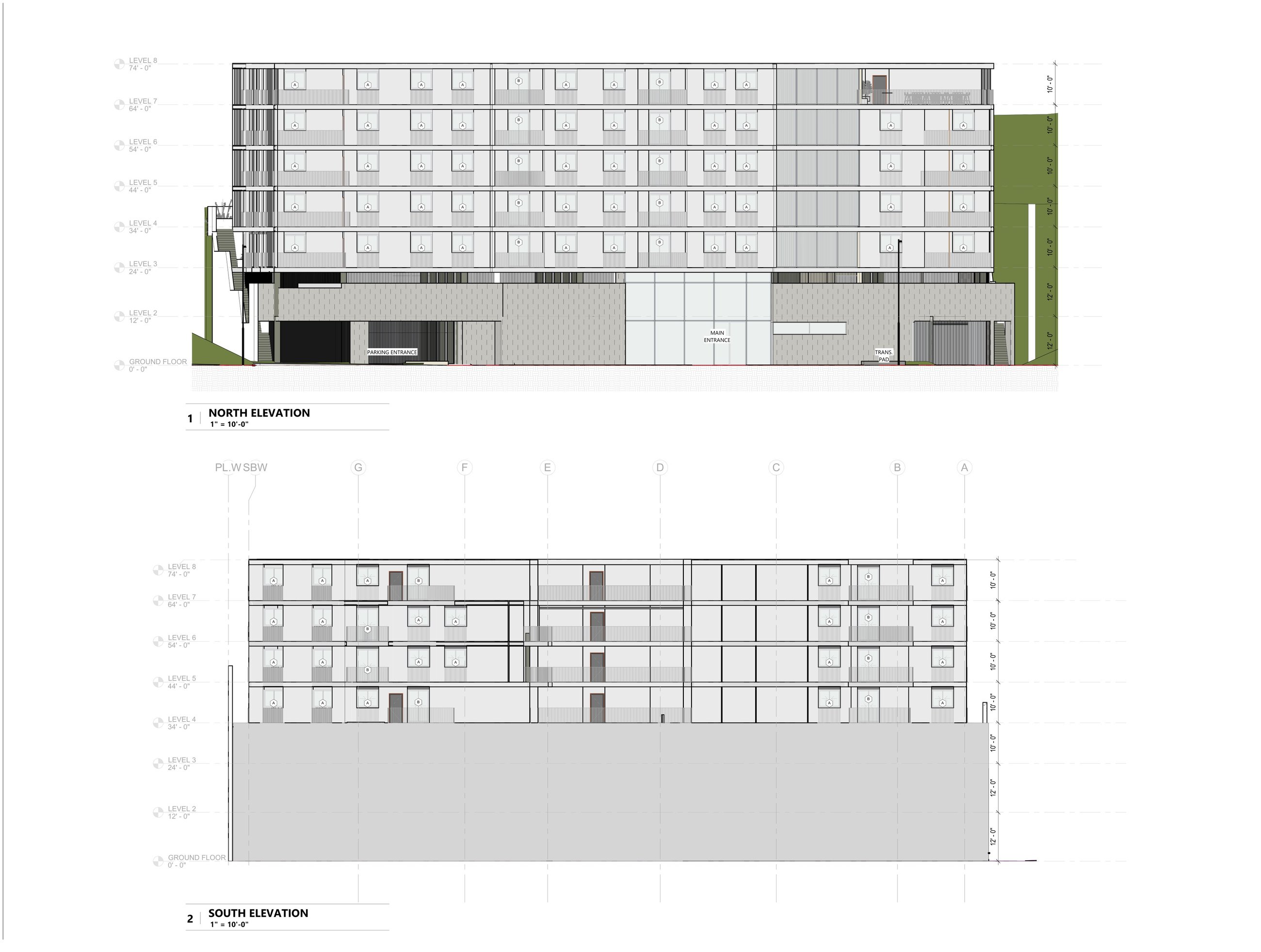 Approved exterior elevations — north and south