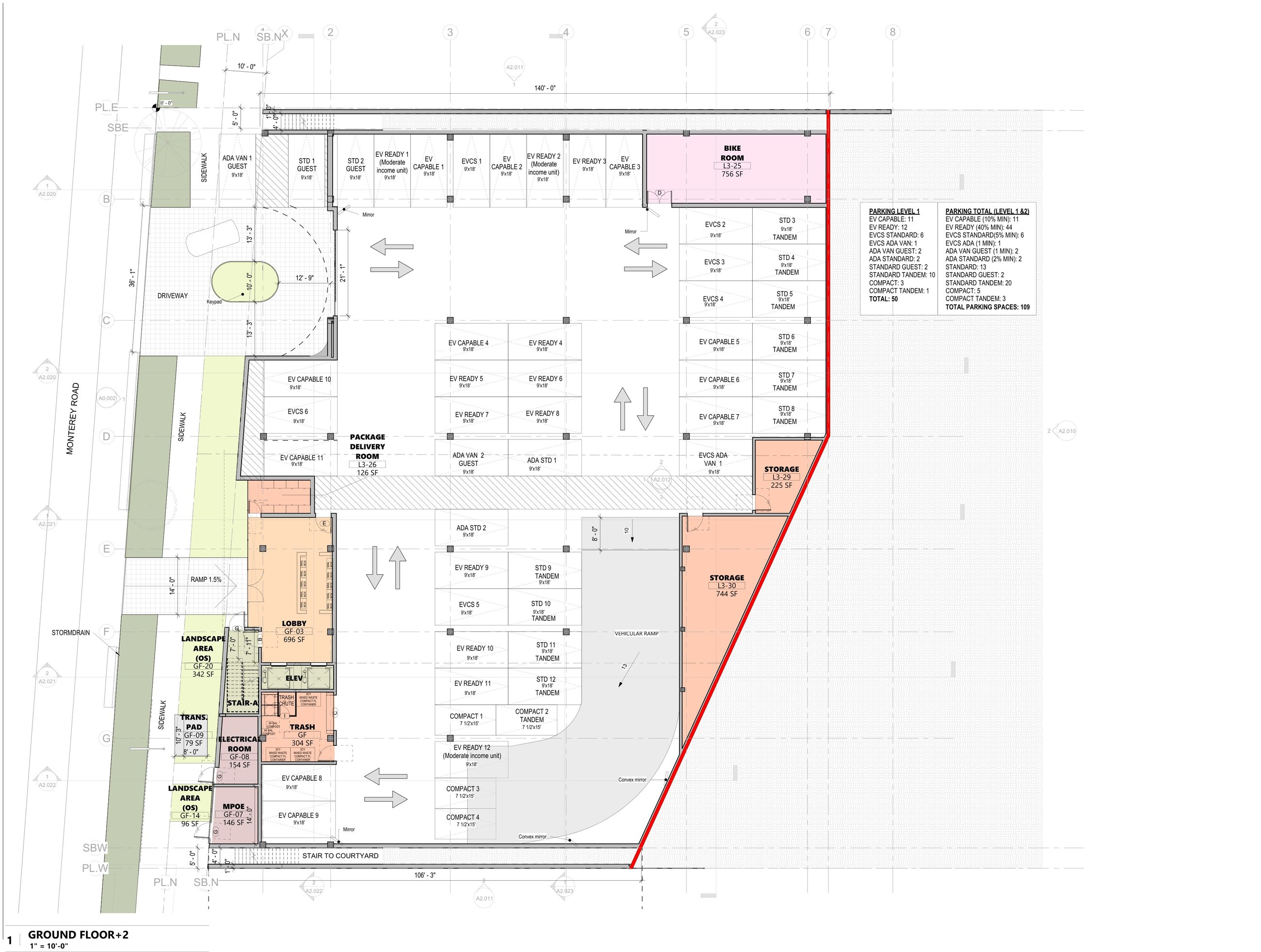 Approved ground floor plan — lobby, parking level 1, bike room